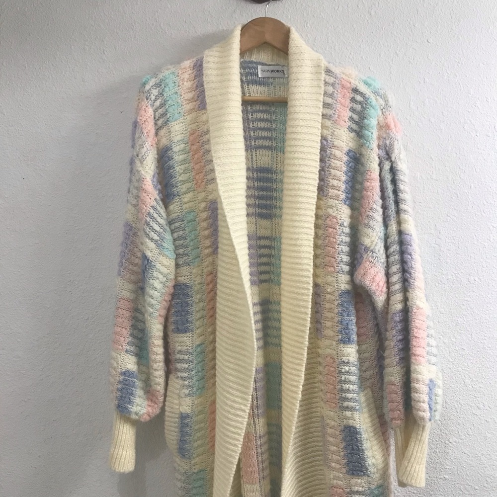 Vintage YARNWORKS Long Cardigan Sweater pastel colors